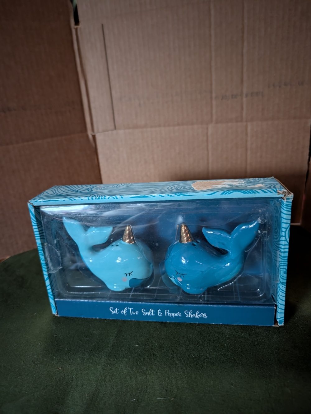 Blue Narwhal Salt & Pepper Shaker Set with Gold Horns
